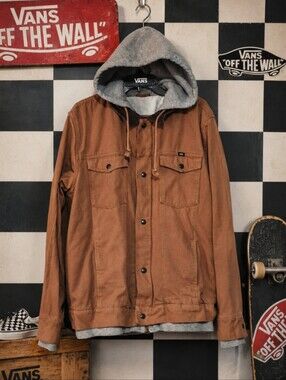 Vans Hooded Duck Canvas Work Jacket Mens XL Brown Corduroy Collar Talon Zip